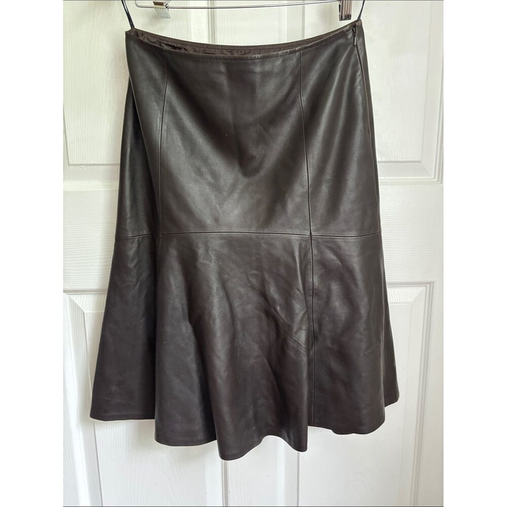 Lafayette 148 Espresso Brown Soft Lambskin Leather A-Line Midi Skirt Size 4